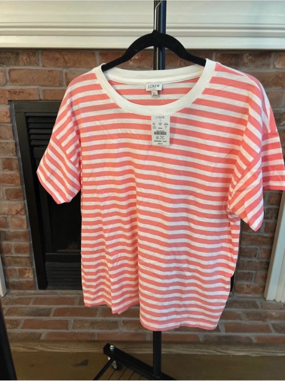 J. Crew Coral and White Striped Short Sleeve Tee